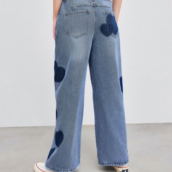 Mid Rise Heart Print Baggy Patterned Jeans Trousers - Picture 3 of 8